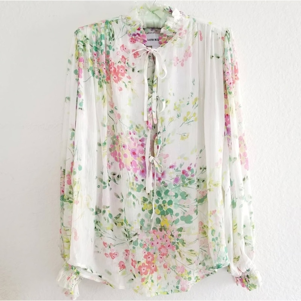 NWT Sabina Musayev Floral Puff Sleeve Tie Top Size S White Multicolor - Picture 3 of 4